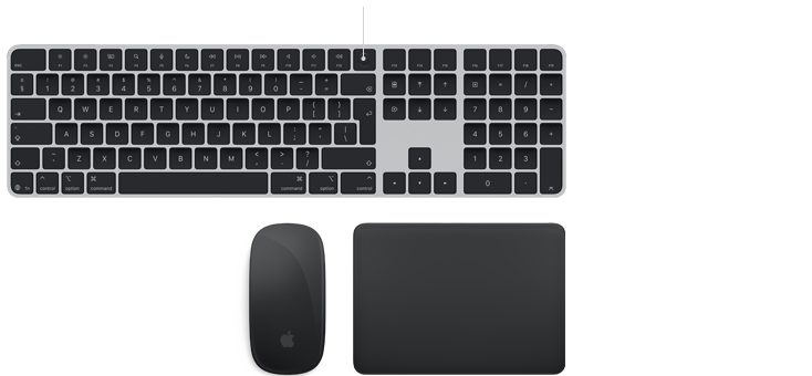 Magic accessories: Magic Keyboard with Touch ID, Magic Mouse, and Magic Trackpad all in Space Gray side-by-side